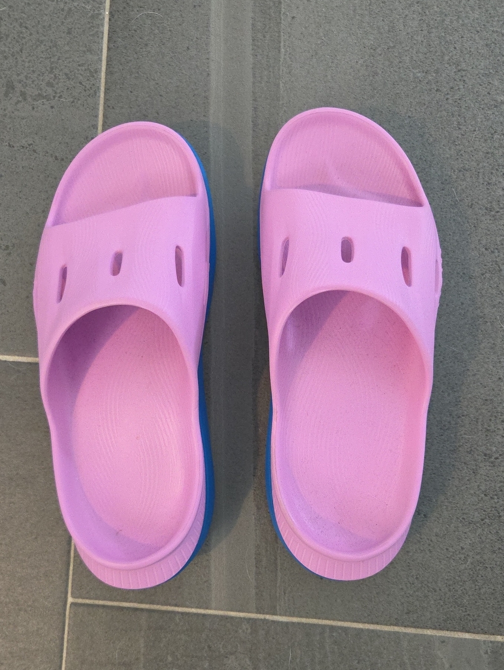 Hoka One One Pink Slide Sandals with Blue Sole